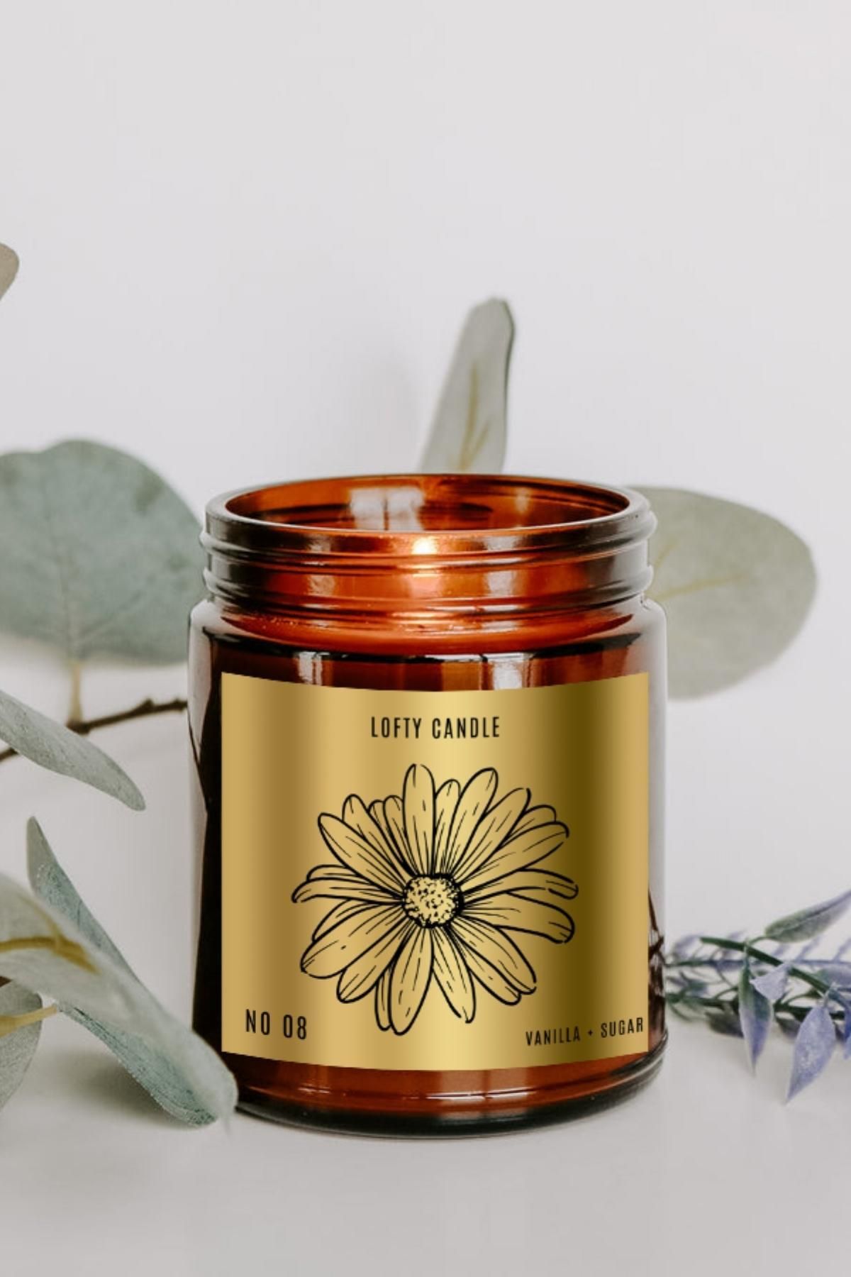 Lofty Çiçek Desenli Gold Etiket Amber Kavanoz Mum Dekor Aromaterapi Rahatlatıcı Vanilya Kokusu 210 Gr