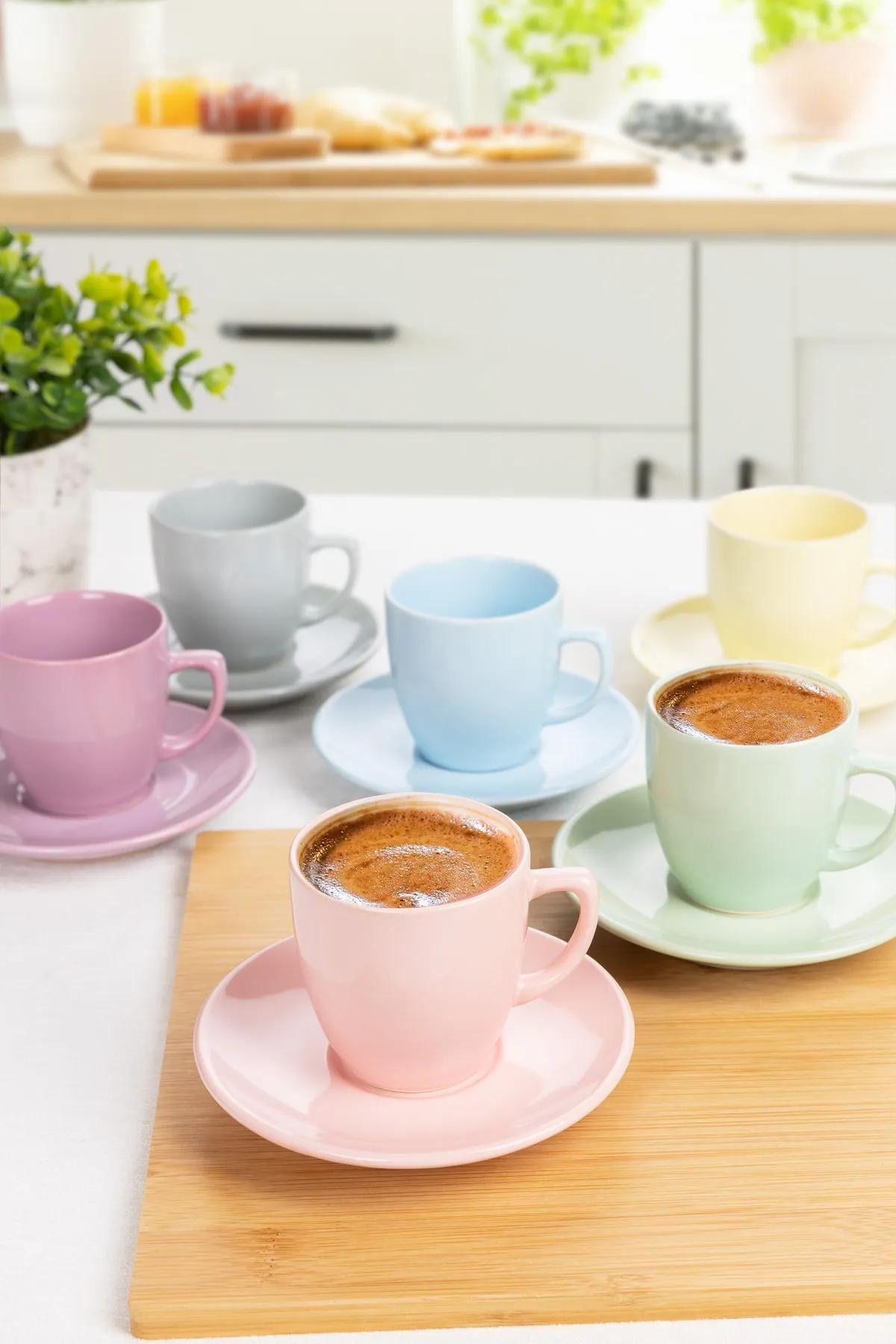 Homerest Pastel Renk 12 Parça Kahve Fincan Takımı, 6 Kişilik Fincan Seti, Modern 6 Kişilik Fincan Takımı