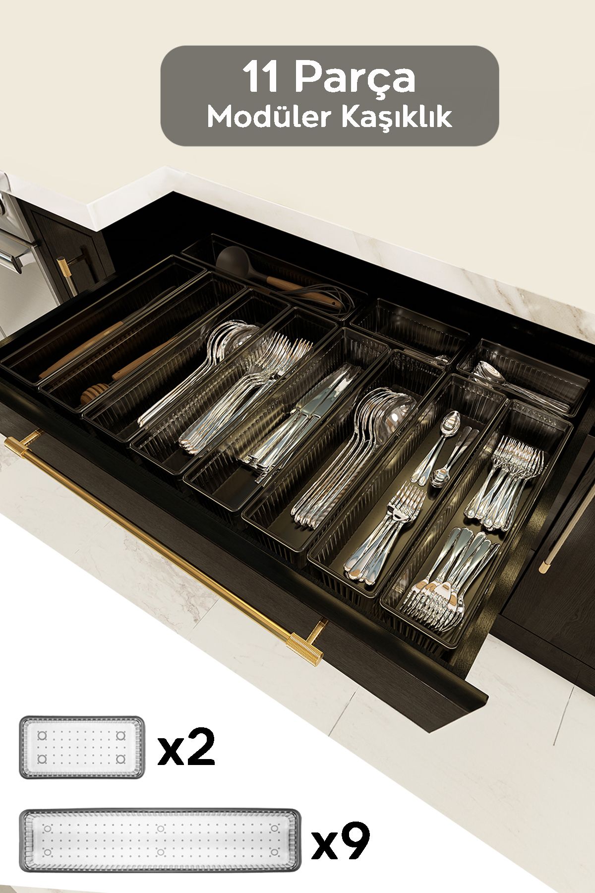 Meleni Home 11'li Modüler Set Kaşıklık Çekmece Içi Düzenleyici Çatal Kaşık Bıçak Düzenleme Organizeri Antrasit