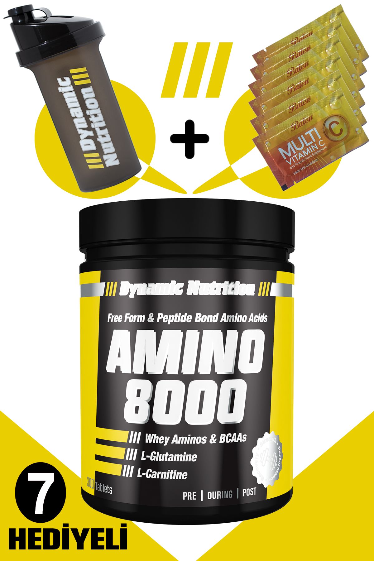 Dynamic Nutrition Dynamic Amino 8000 300 Tablet + 7 Hediyeli (shaker + 6 Adet Multi C Saşe)