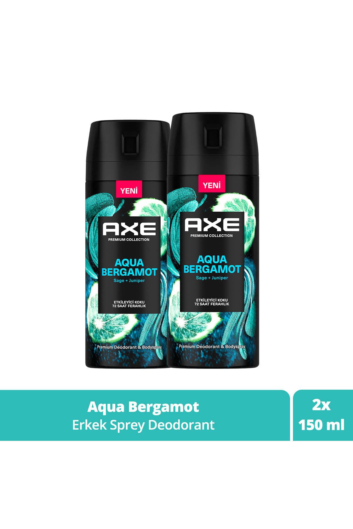 Axe Premium Collection Erkek Sprey Deodorant Aqua Bergamot 72 Saat Ferahlık 150 ml x2