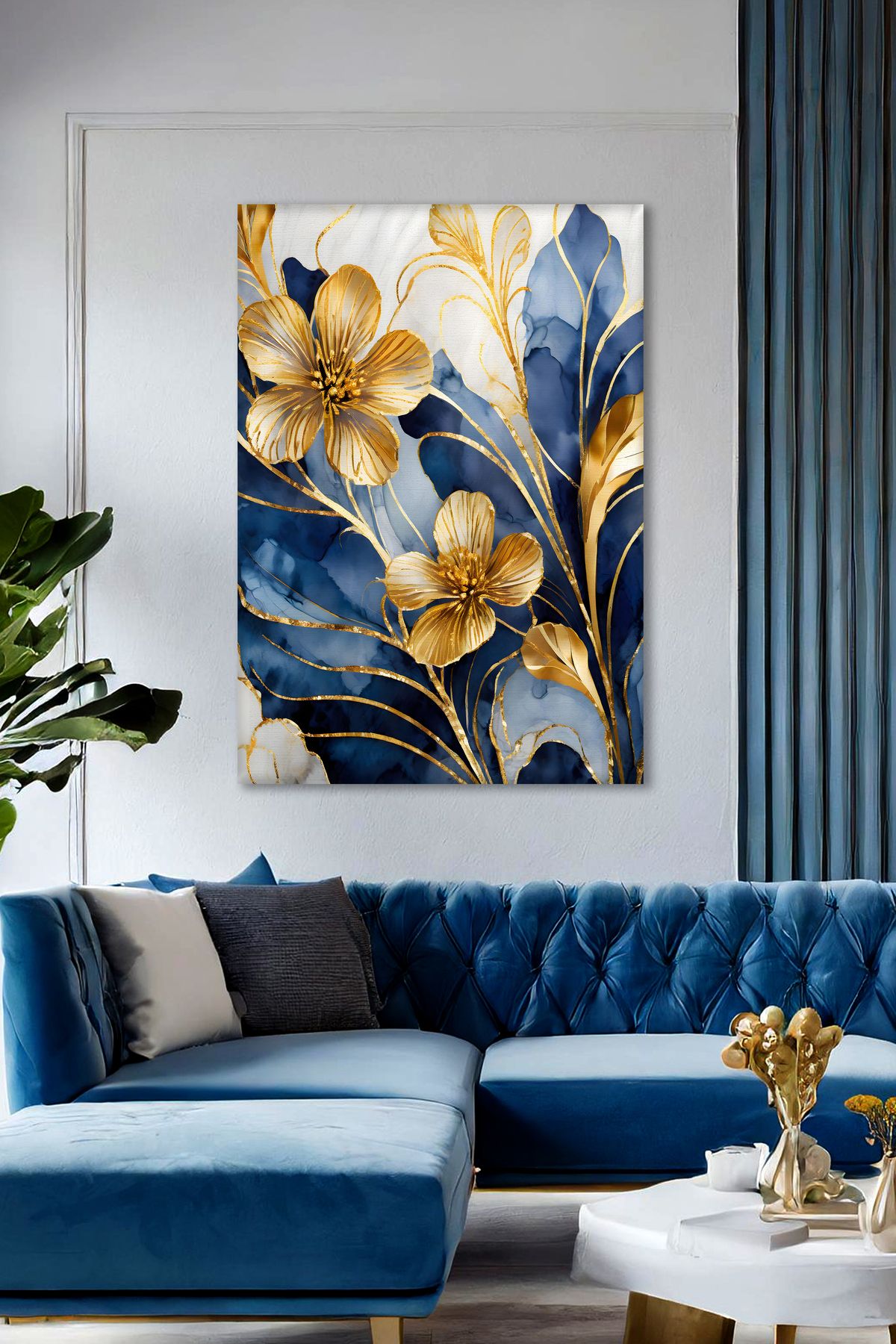 DECORIO HOME Mavi Gold Çiçekler Kanvas Tablo - Duvar Tablosu - Canvas Tablo Duvar Dekorasyonu