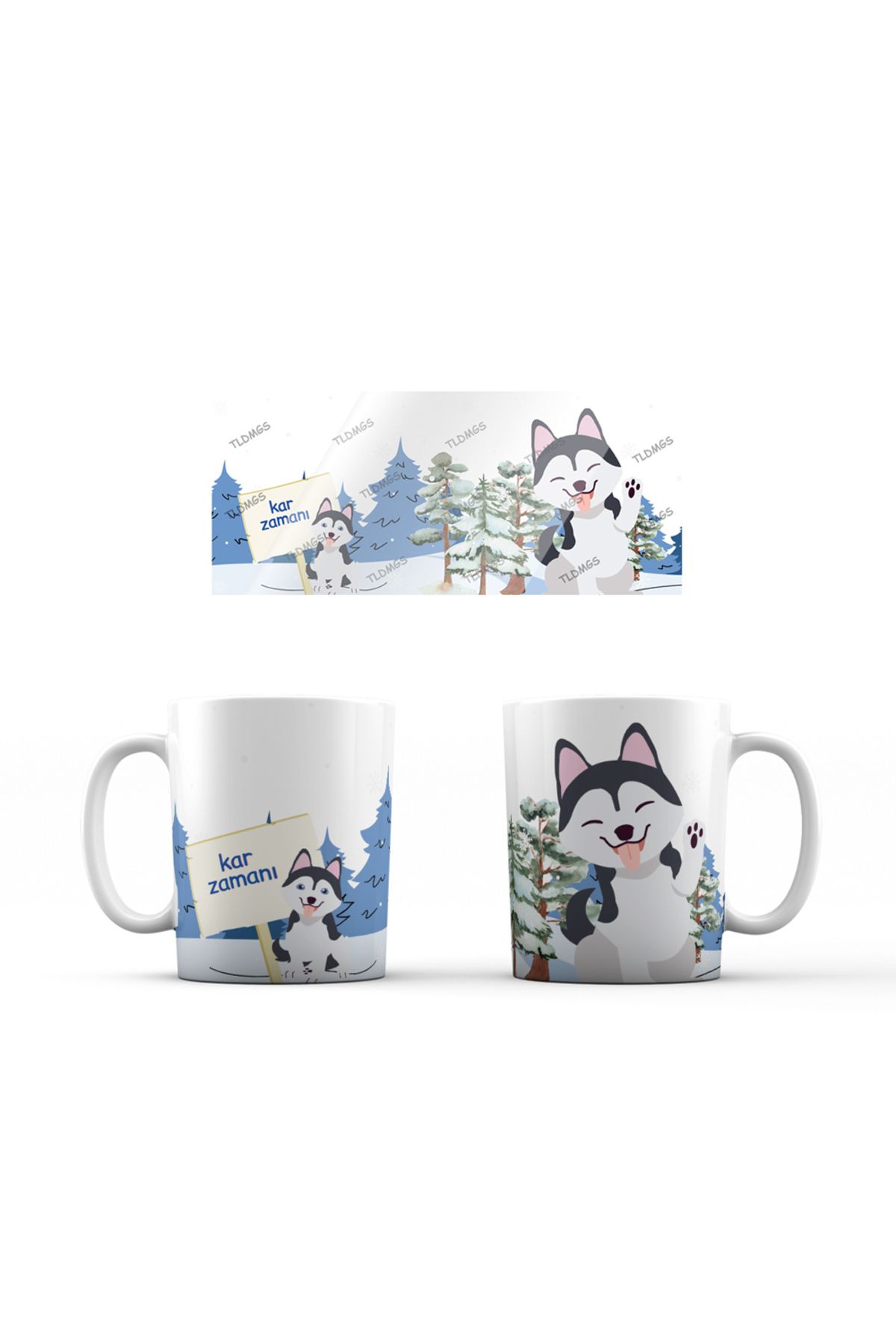 Tildamugs Kar zamanı, karda husky sevimli köpek temalı porselen kupa bardak