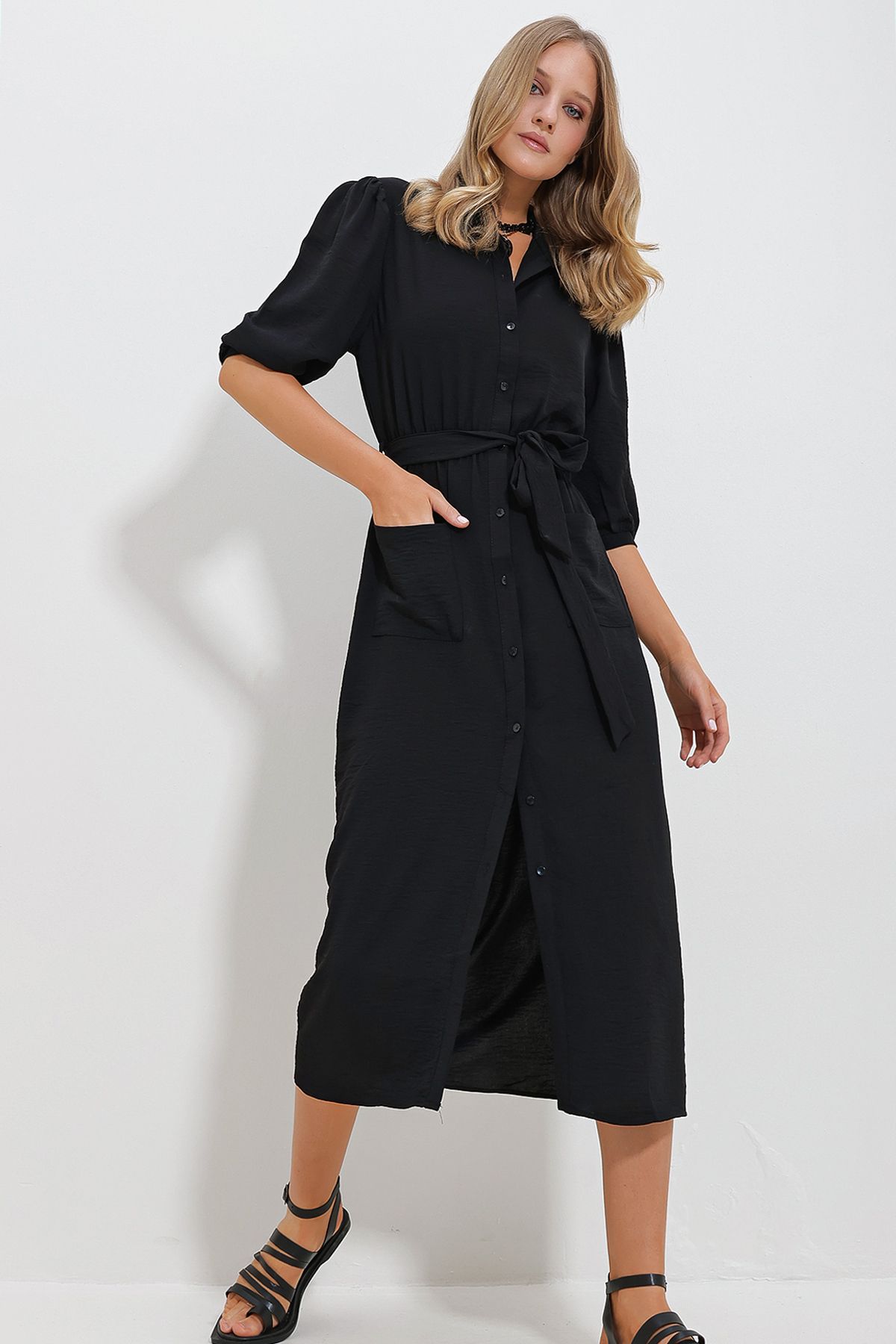 Trend Alaçatı Stili Kadın Siyah Çift Cepli Karpuz Kollu Aerobin Gömlek Elbise ALC-X11647