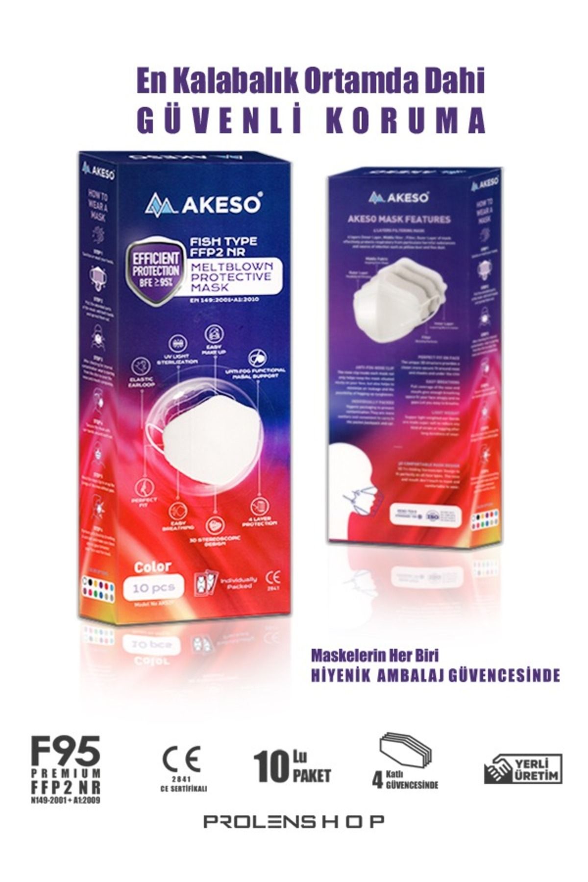 AKESO F95 (N95) Ffp2 Premium Kore Tipi Ce-Iso Sertifikalı Tek Paketli Maske 10 Adet Lacivert