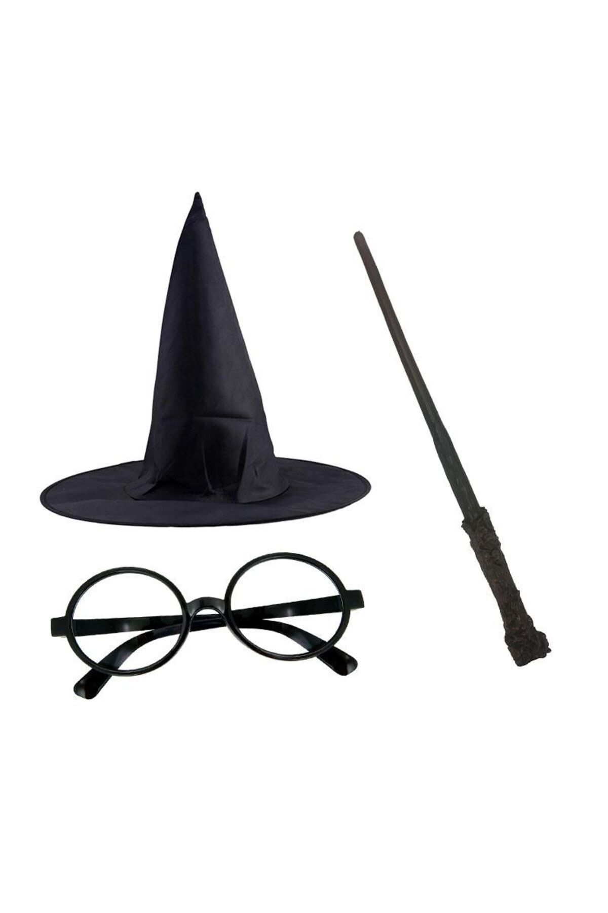 Skygo Harry Potter Siyah Şapkası Harry Potter Gözlüğü Harry Potter Asası 3 lü Set