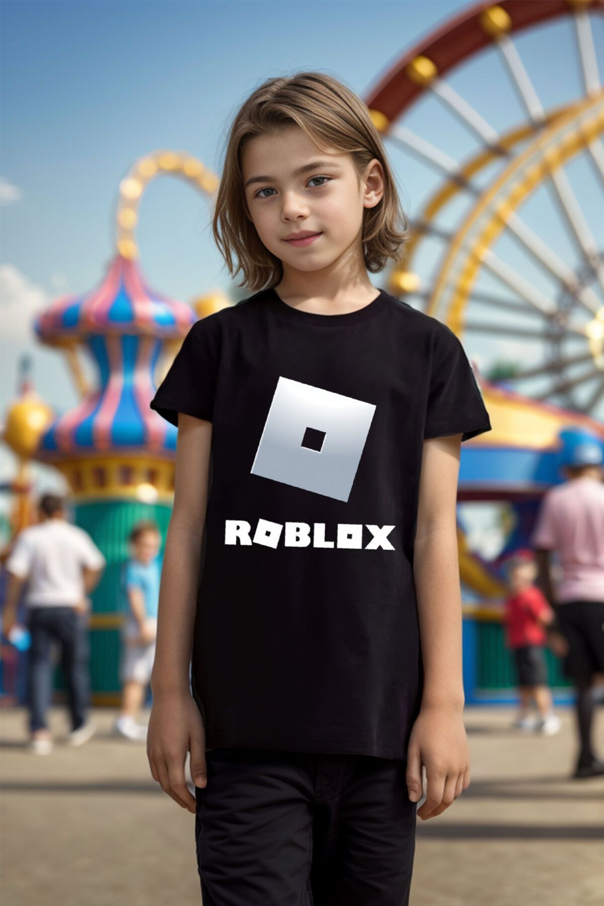The Baski Siyah Unisex Roblox Yazı Baskılı Çocuk T-shirt