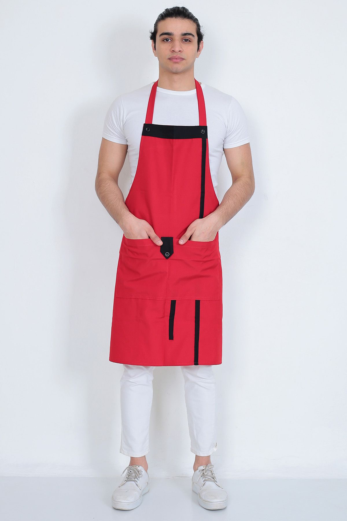 Umut Tekstil Mutfak Garson Aşçı Şef Iş Servis Önlüğü Boydan Askılı Cepli Düğmeli Kırmızı Unisex