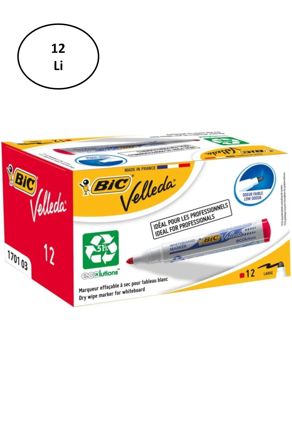 TREND Bic Velleda 1701 Eco Yuvarlak Uç Beyaz Tahta Kalemi Kırmızı (12 Li Kutu)