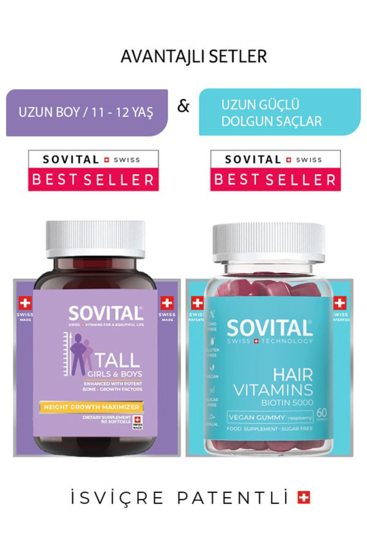 SOVITAL Tall Uzun Boy, Boy uzamasına yardımcı 11-21 Yaş / Hair Vitamin Isviçre Patentli Vegan Gummy