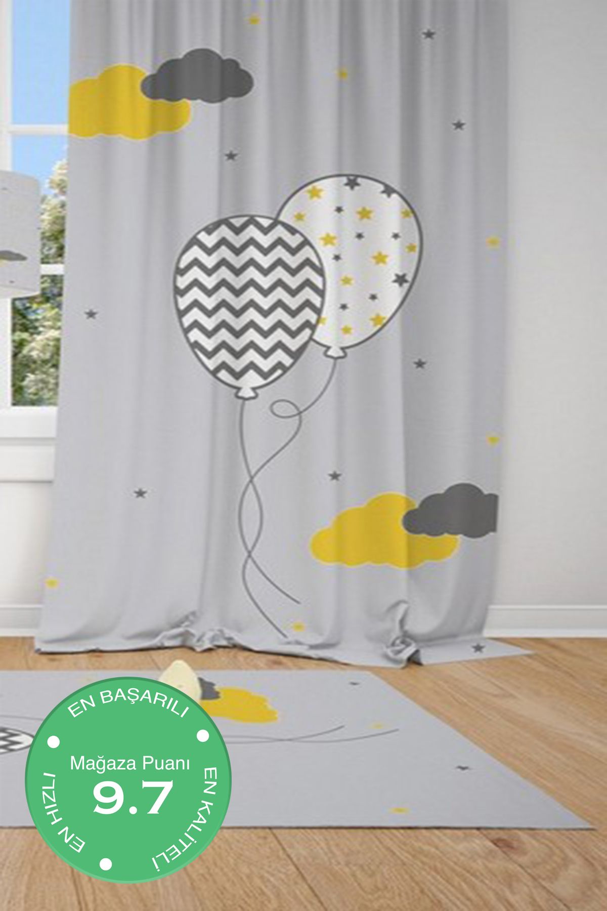 CİCİ ODAM 1 Kanat Cici Halı Gri Zemin Desenli Balon Ve Bulutlar Çocuk Bebek Odası Fon Perde