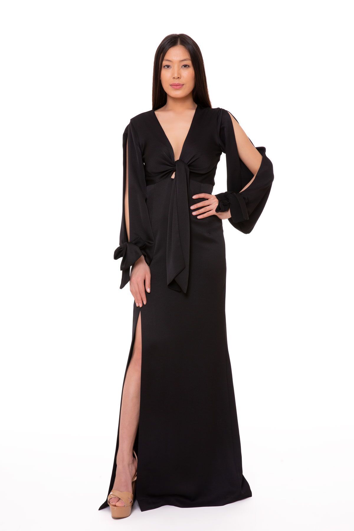 GIZIA Bağlama Detaylı Siyah Uzun Gece Elbisesi