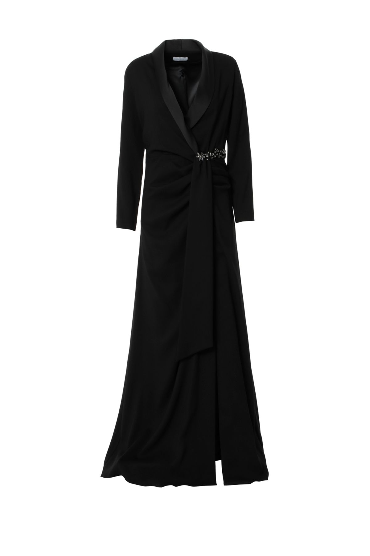 GIZIA Drape Detaylı Işlemeli Uzun Siyah Elbise