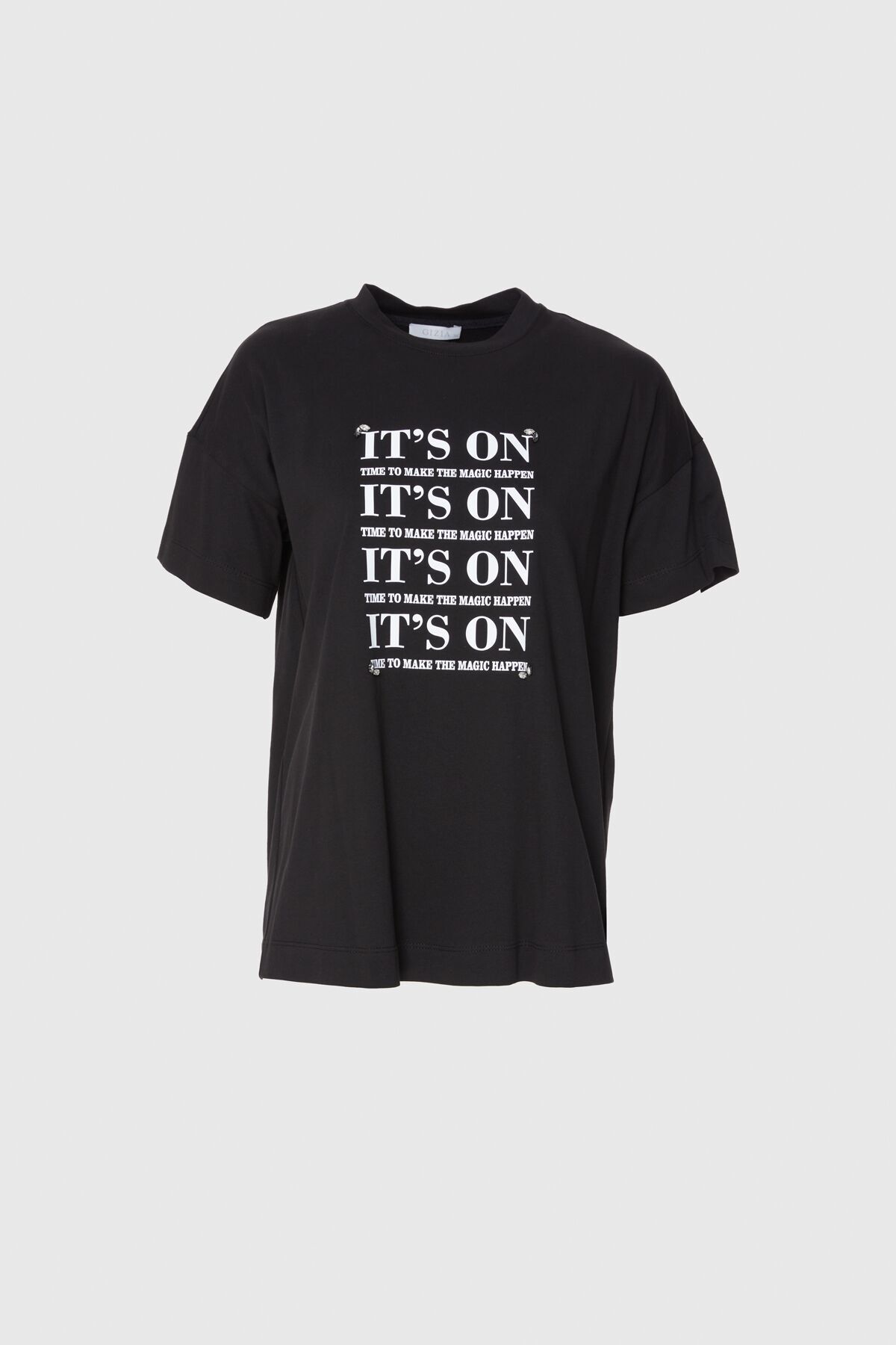 GIZIA Slogan Yazı Baskılı Işleme Detaylı Oversıze Siyah T-shirt