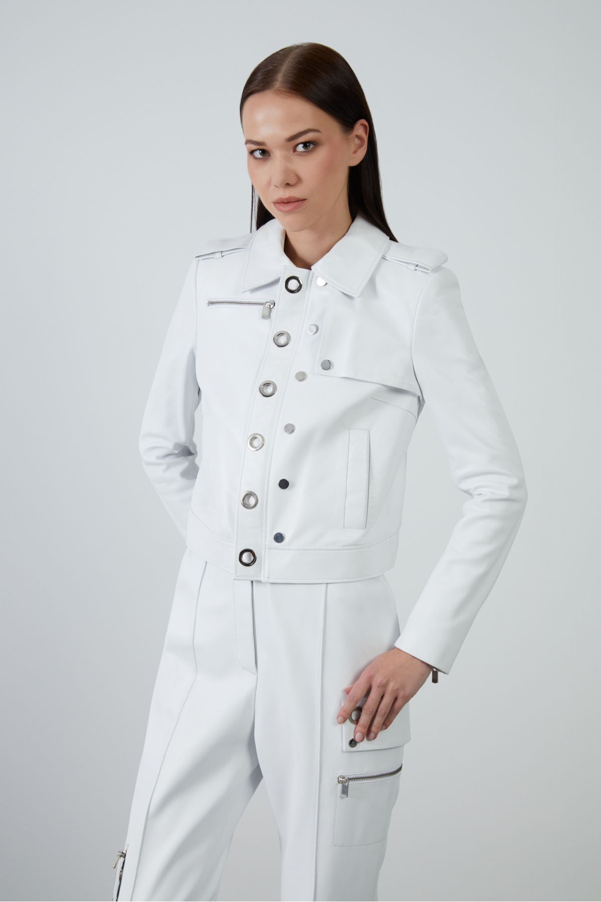 GIZIA Kontrast Kürk Detaylı Beyaz Oversize Biker Ceket
