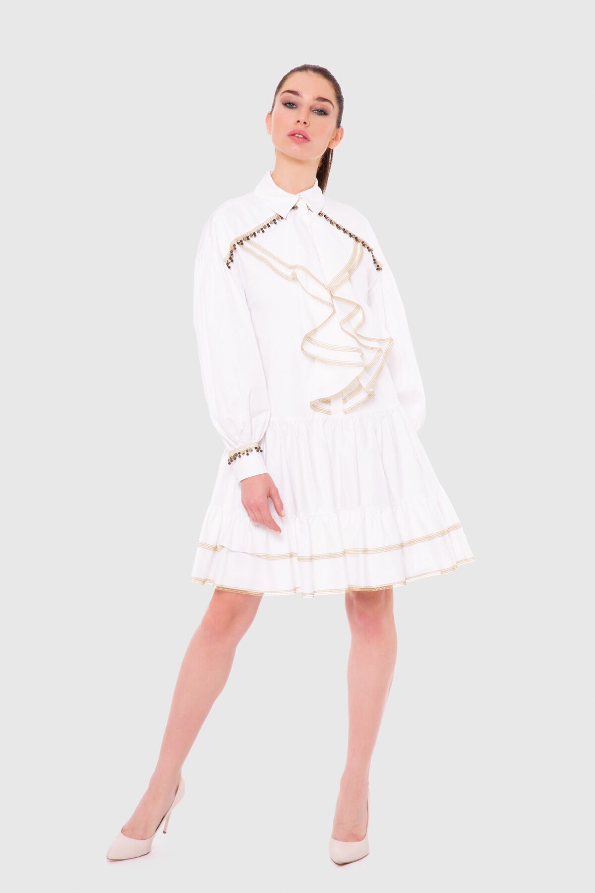 GIZIA Godeli, Hacimli Kollu Mini Beyaz Elbise