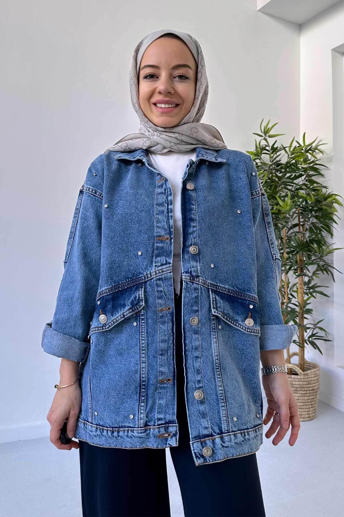 Ka Hijab Çift Cep Taşlı Kot Tesettür Ceket - Mavi