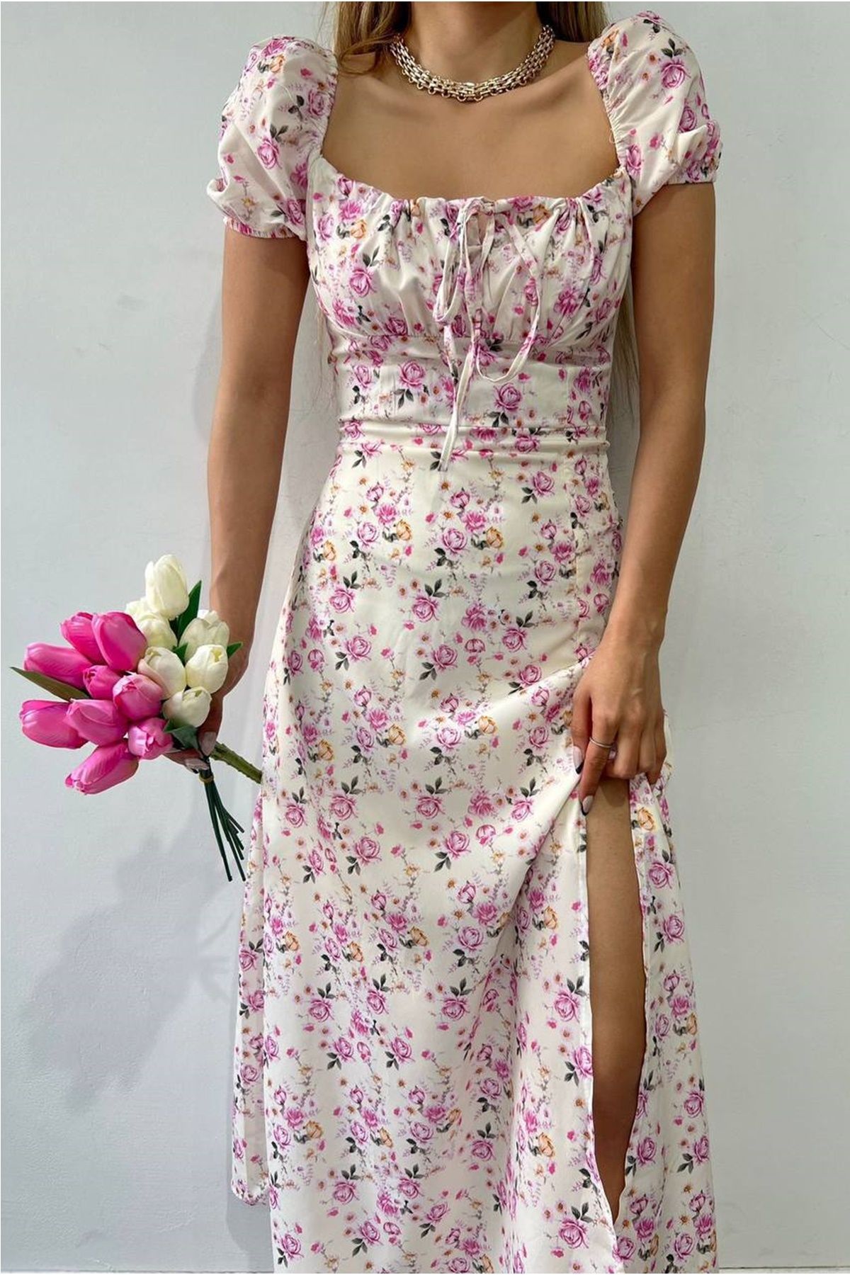 lovebox Kadın Çiçek Desenli Yakası Bağlama Tasarım Karpuz Kol Yırtmaç Detaylı Elbise 5039