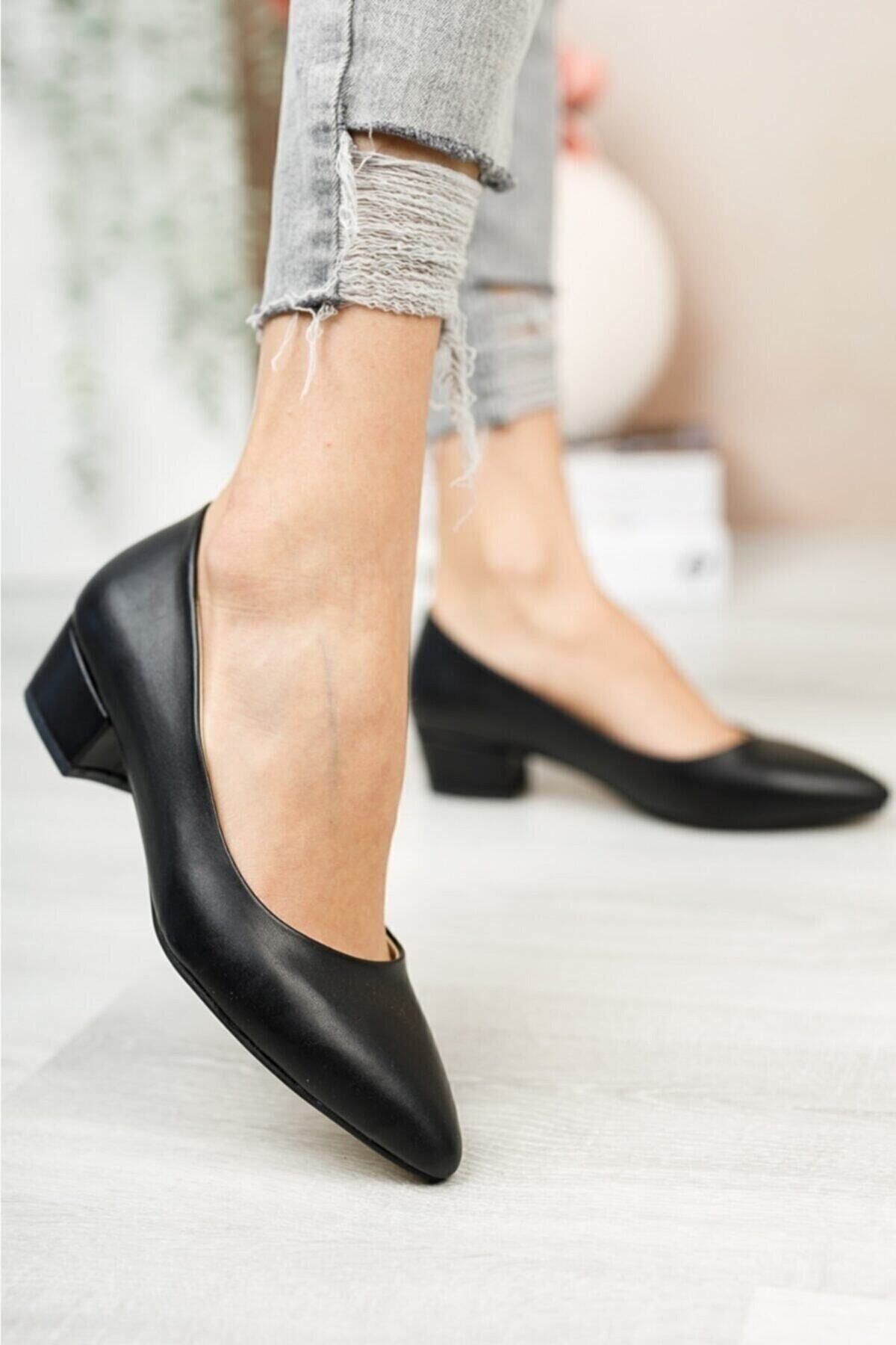 BAY ARMEDON Kadın Ayakkabı Siyah Cilt Kısa Topuklu Klasik Ayakkabı Günlük Kısa Topuklu Abiye Ayakkabı 3 Cm