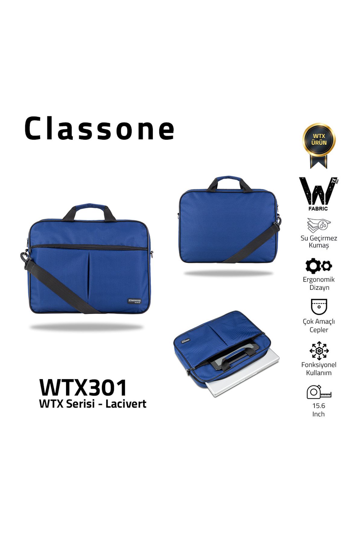 Classone WTX301 WTXpro Serisi 15.6 inch Uyumlu Su Geçirmez Kumaş Macbook, Laptop , Notebook El Çanta