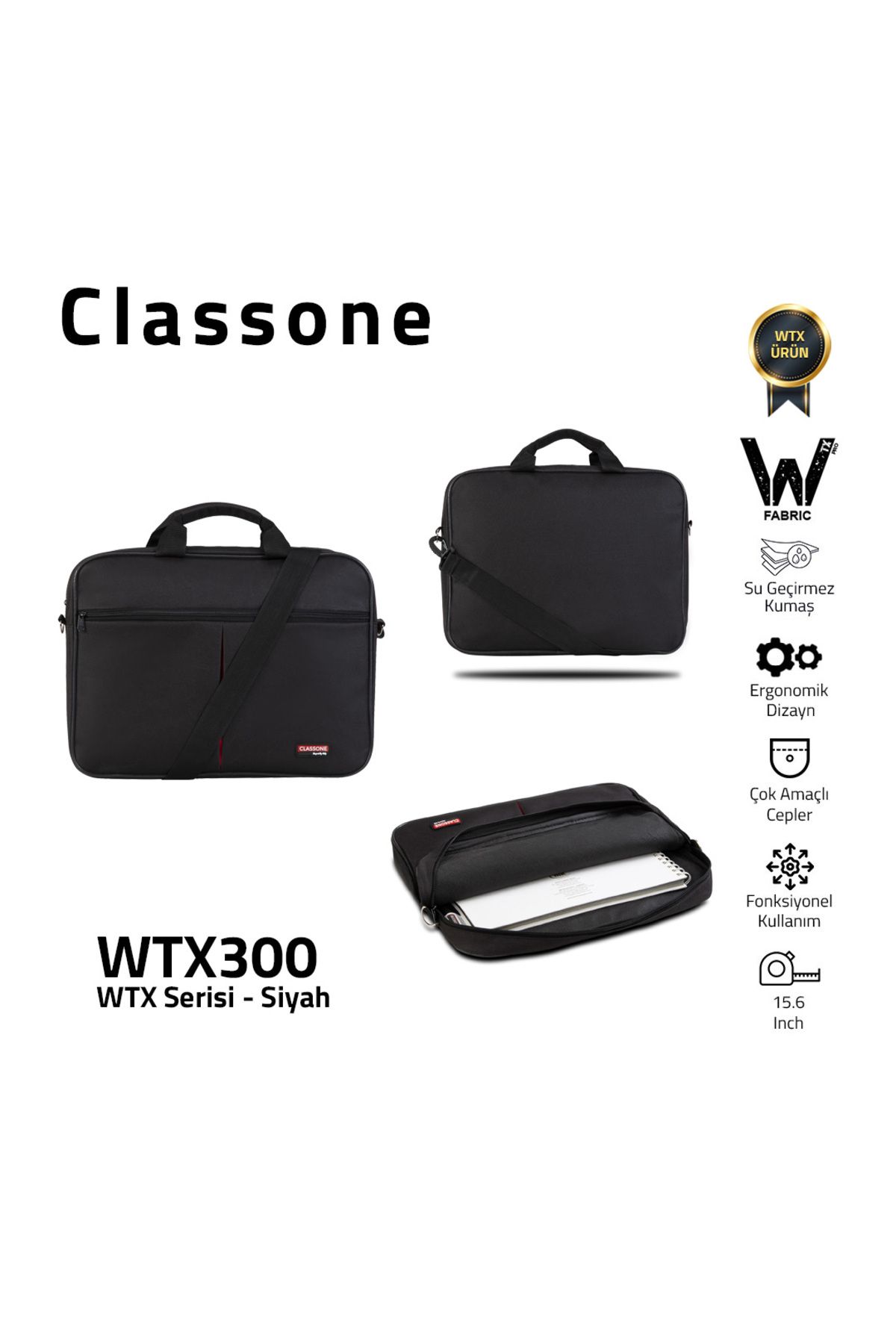 Classone WTX300 WTXpro Serisi 15.6 inch Uyumlu Su Geçirmez Kumaş Macbook, Laptop , Notebook El Çant