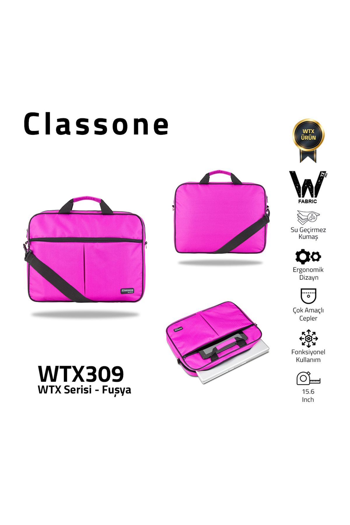 Classone Wtx309 Wtxpro serisi 15.6 Inch Uyumlu Su Geçirmez Kumaş , Laptop , Notebook El Çantası- Fuşya