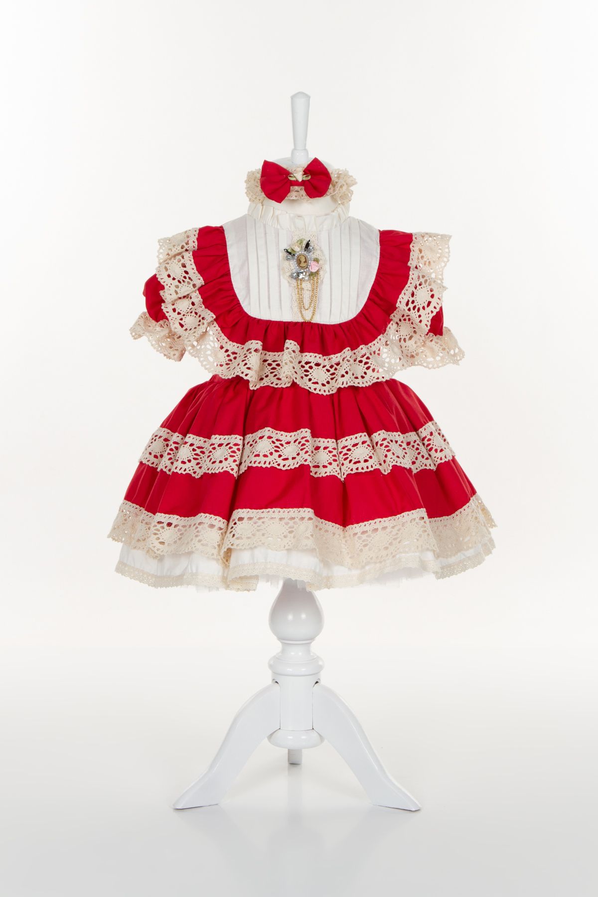Sare Çocuk Giyim Vintage Konsept Antialerjik Pamuk Kumaş Krem Güpürlü Kırmızı Doğum Günü Elbisesi
