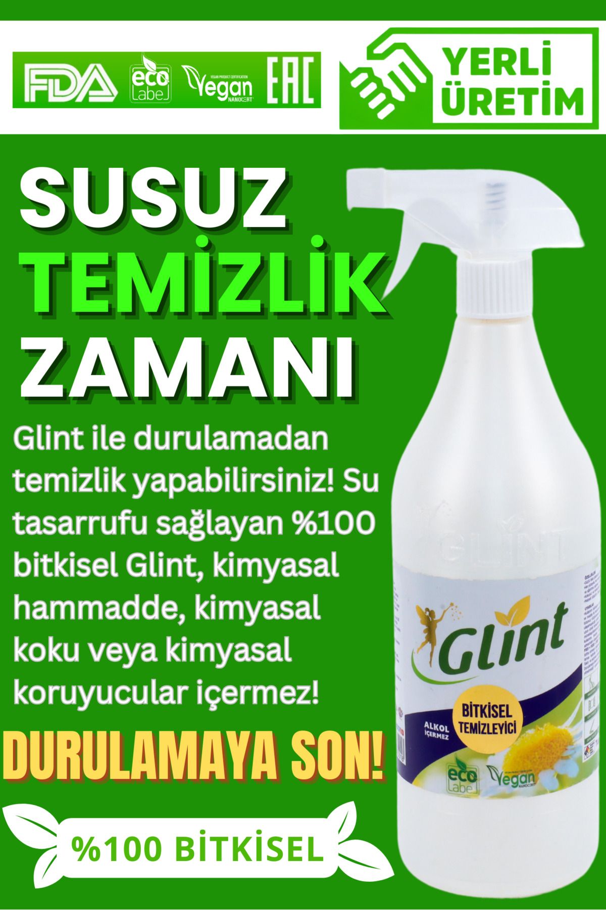 Glint 1 Litre %100 Bitkisel Leke Çıkarıcı Yağ Sökücü Çok Amaçlı Yüzey Temizleyici