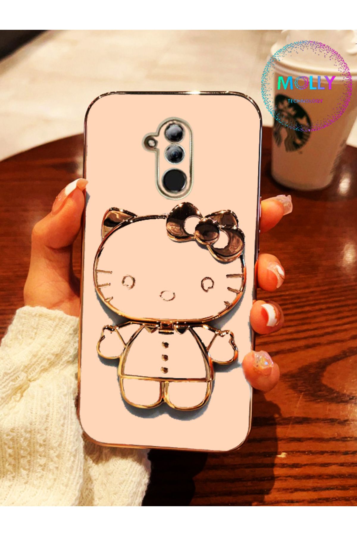 Molly Huawei Mate 20 Lite İçin Rose Hello Kitty Standlı Kenarları Gold Detaylı Lüks Silikon Kılıf