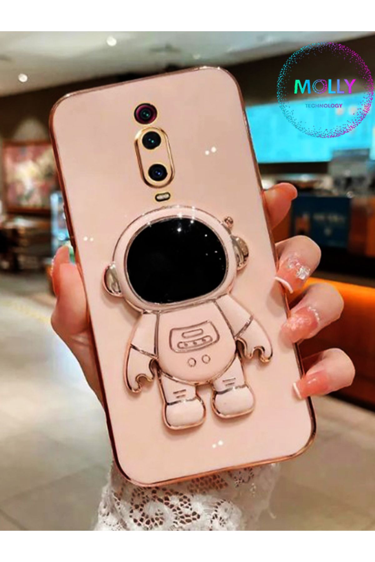 Molly Xiaomi Mi 9T İçin Rose Astronot Standlı Kenarları Gold Detaylı Lüks Silikon Kılıf