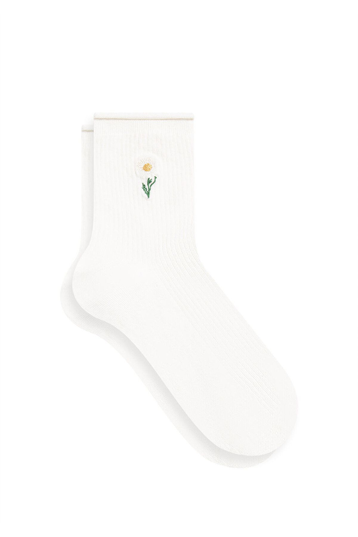 Mavi Çiçek Nakışlı Beyaz Soket Çorap 1911371-34523