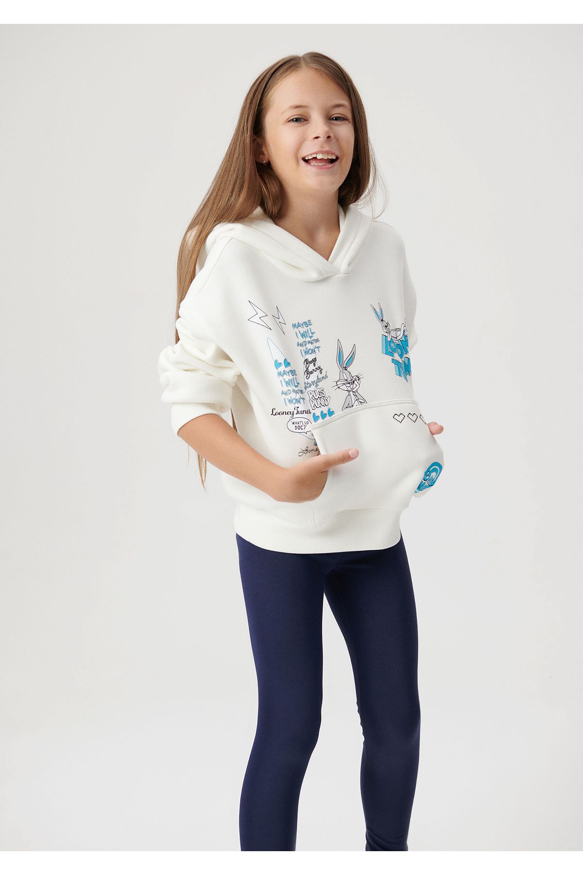 Mavi Bugs Bunny Baskılı Kapüşonlu Beyaz Sweatshirt 7S10008-80194