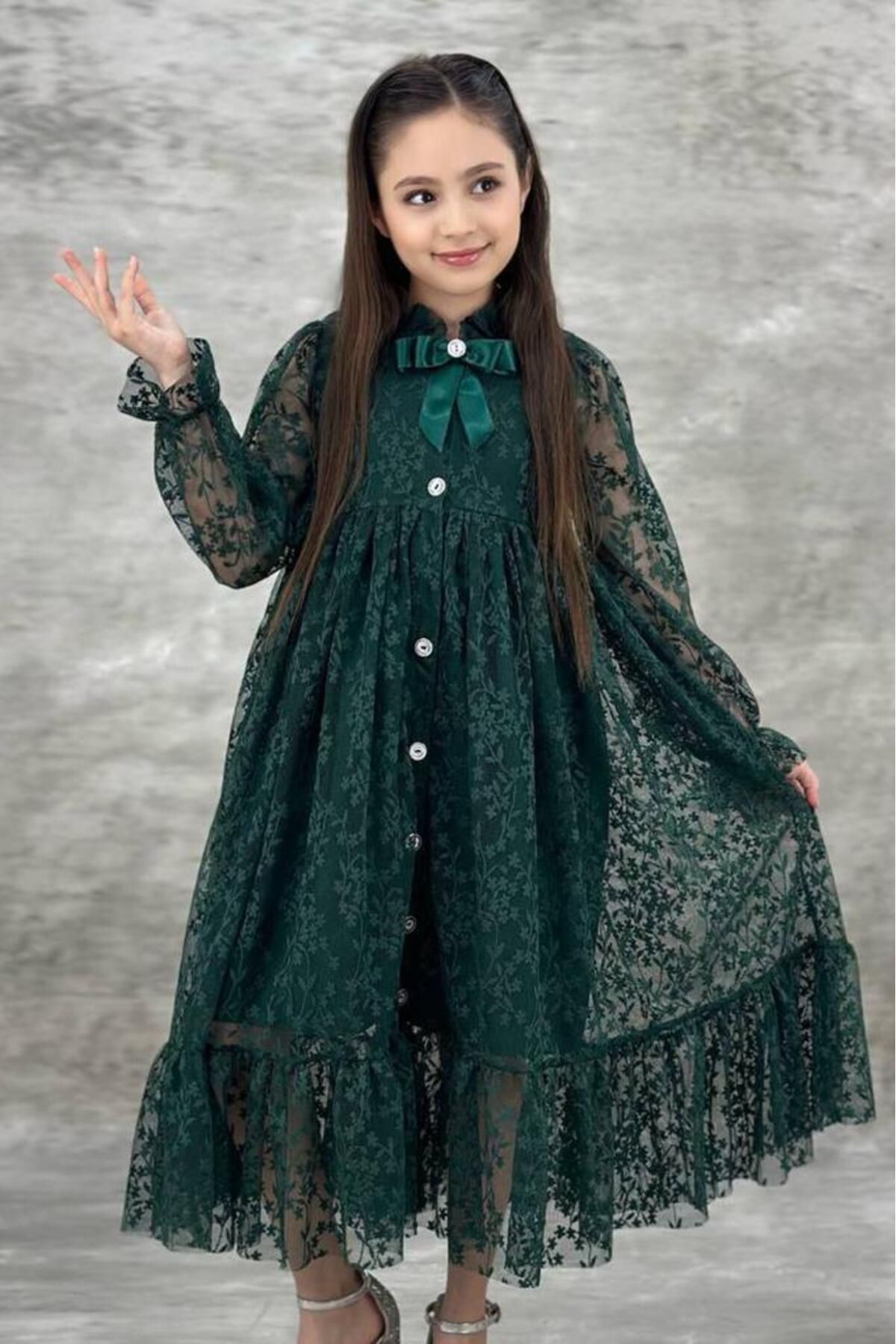 Riccotarz Kız Çocuk Boydan Düğmeli Dantel İşlemeli Yeşil Elbise