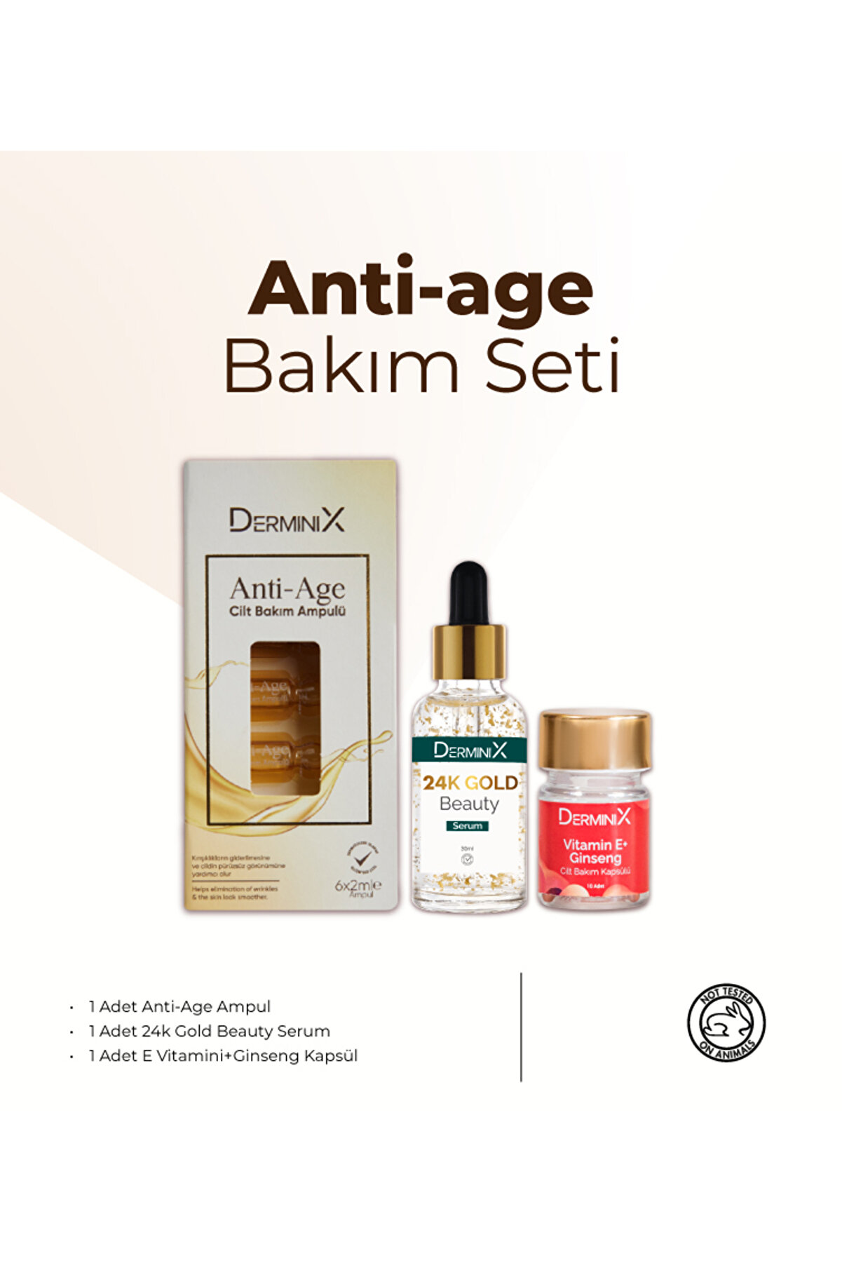 Derminix Anti-age Bakım Seti - 24k Gold Beauty Serum, Anti-Age Ampul, E Vitamini+Ginseng Kapsül