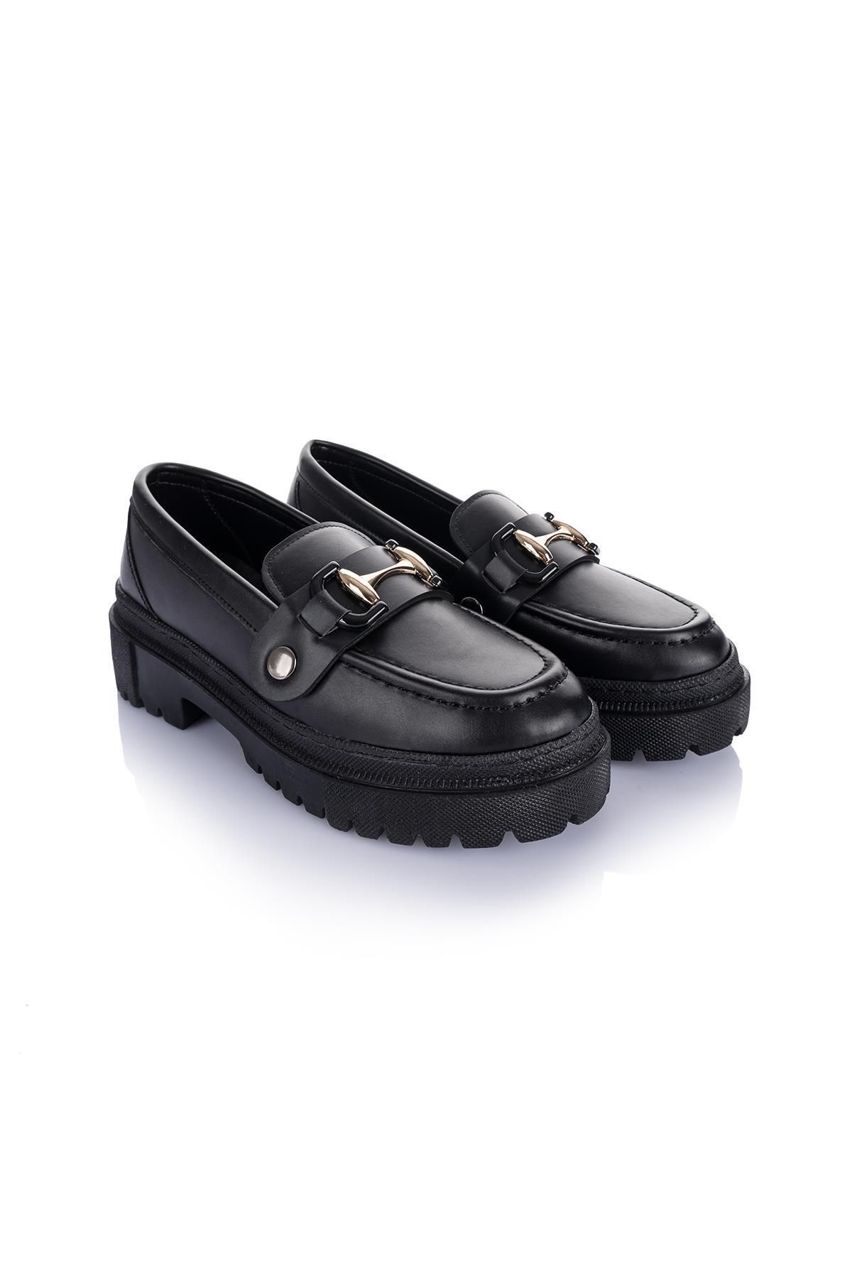 Getcho Edam Çift Tokalı Kadın Siyah Loafer Ayakkabı