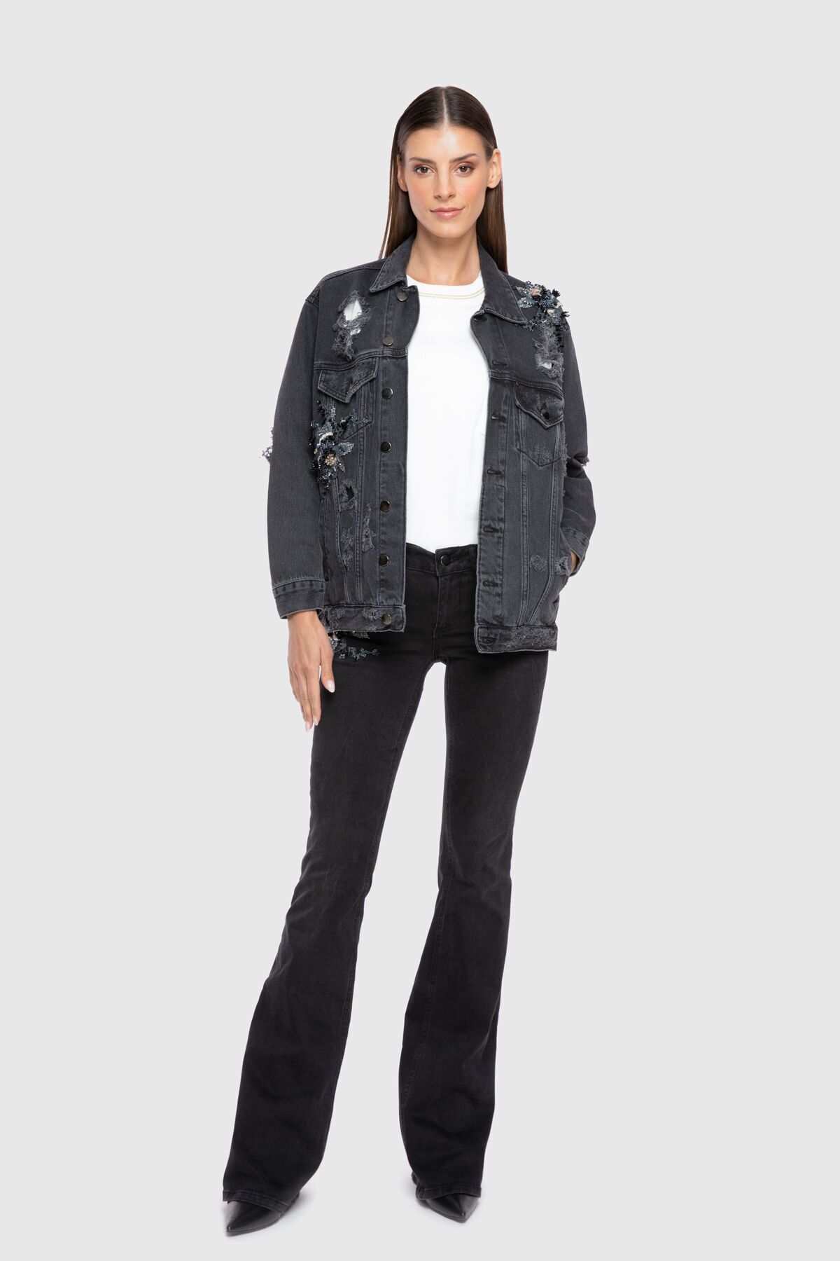 GIZIA Işleme Detaylı Arkası Baskı Detaylı Siyah Jean Ceket