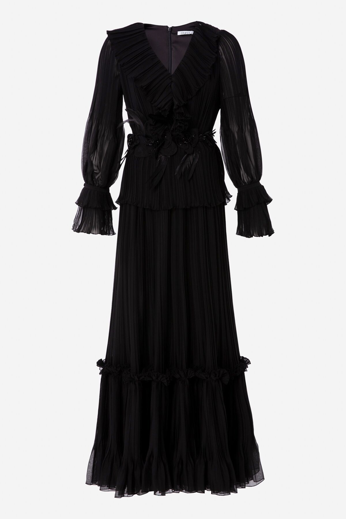 GIZIA Nakış Detaylı Piliseli Şifon Siyah Elbise