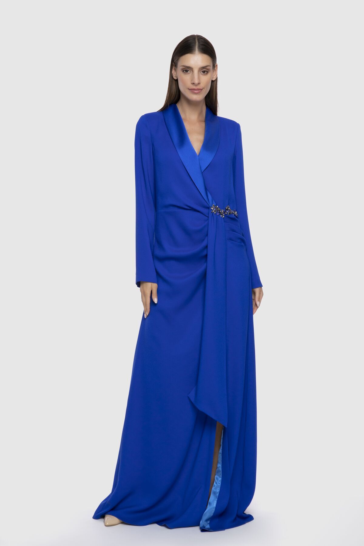 GIZIA Drape Detaylı Işlemeli Uzun Mavi Elbise