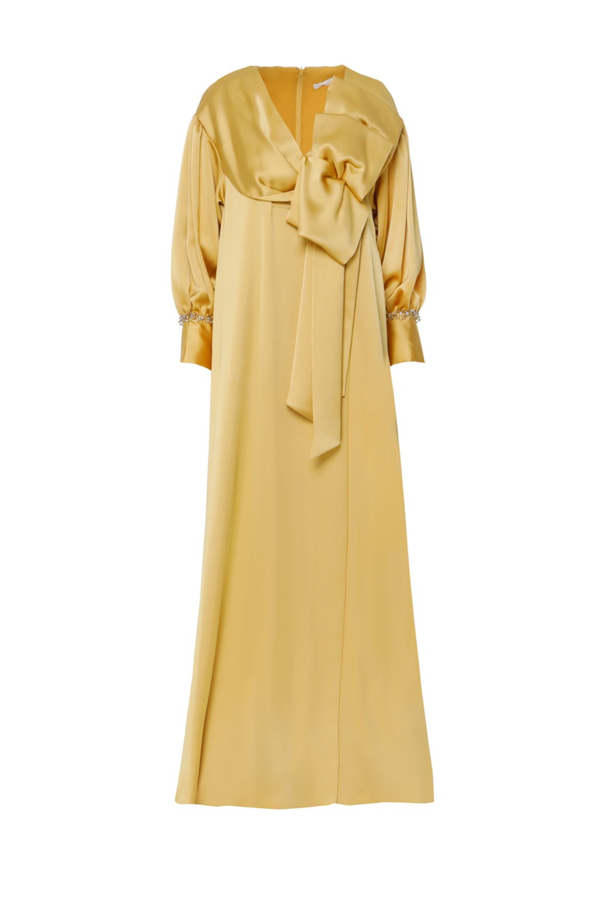GIZIA Fiyonk Detaylı V Yaka Dökümlü Uzun Sarı Abiye Elbise