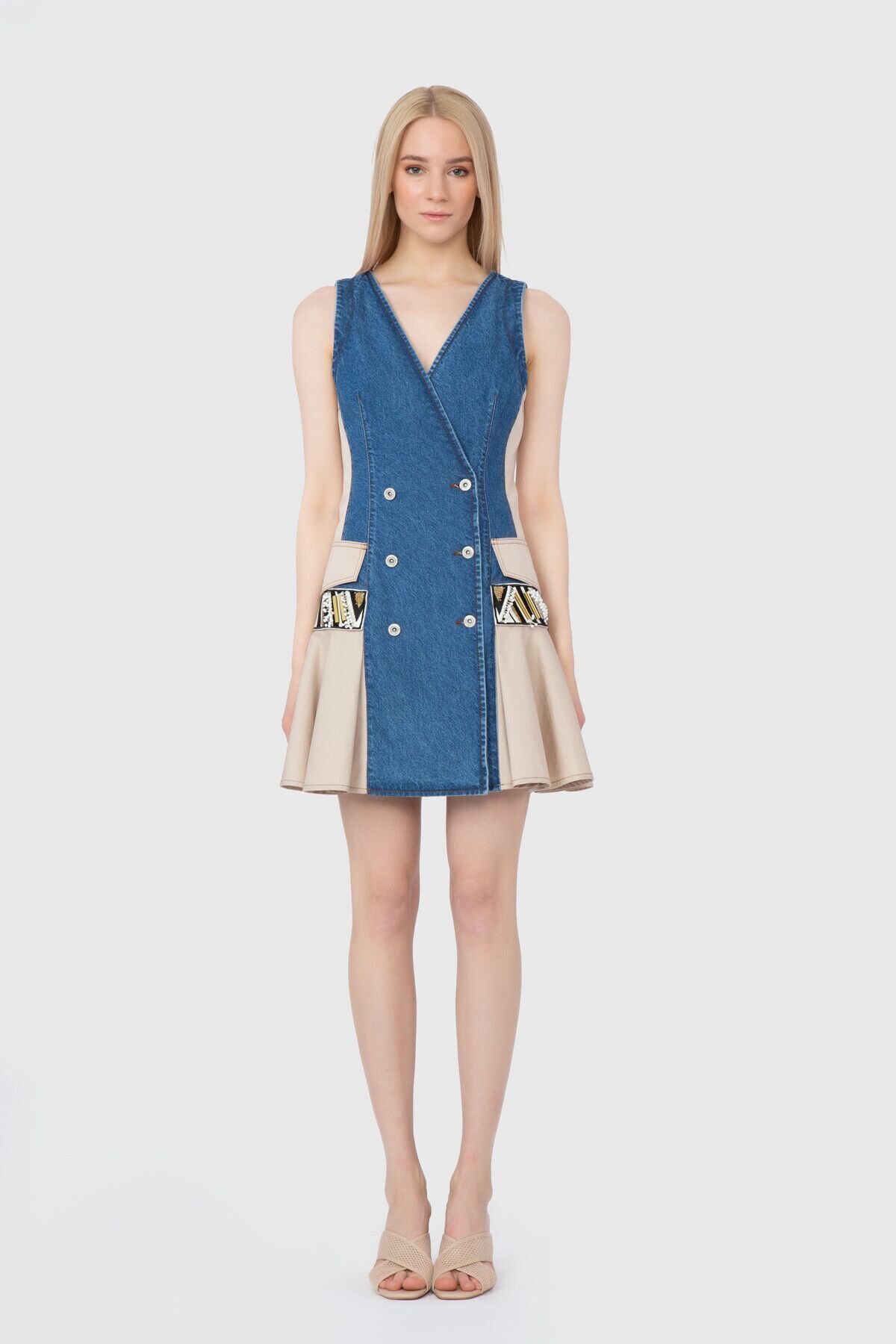 GIZIA Kontrast Kumaş Detaylı İşlemeli Nakış  Lacivert Elbise