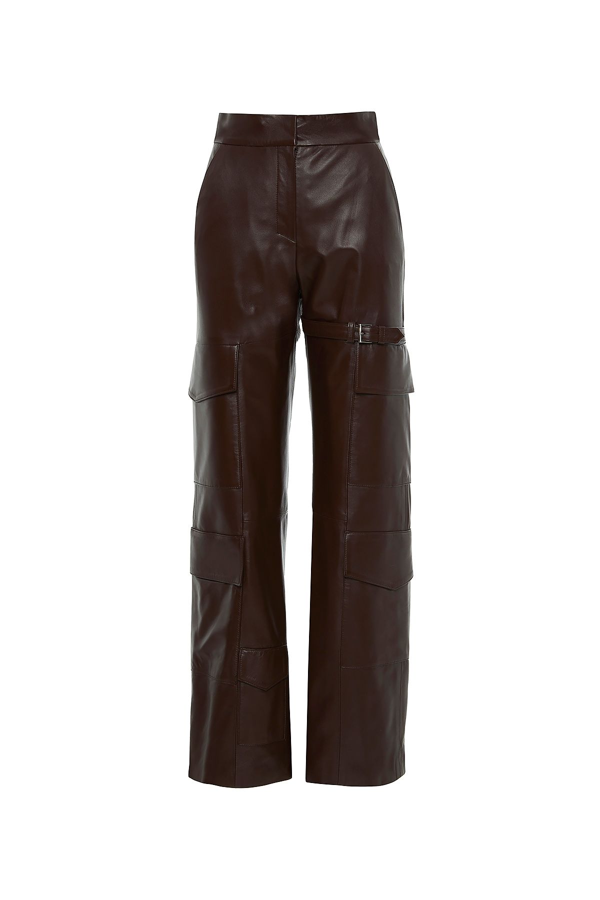 GIZIA Metal Toka Detaylı Kargo Cepli Boru Paça Kahverengi Deri Pantolon