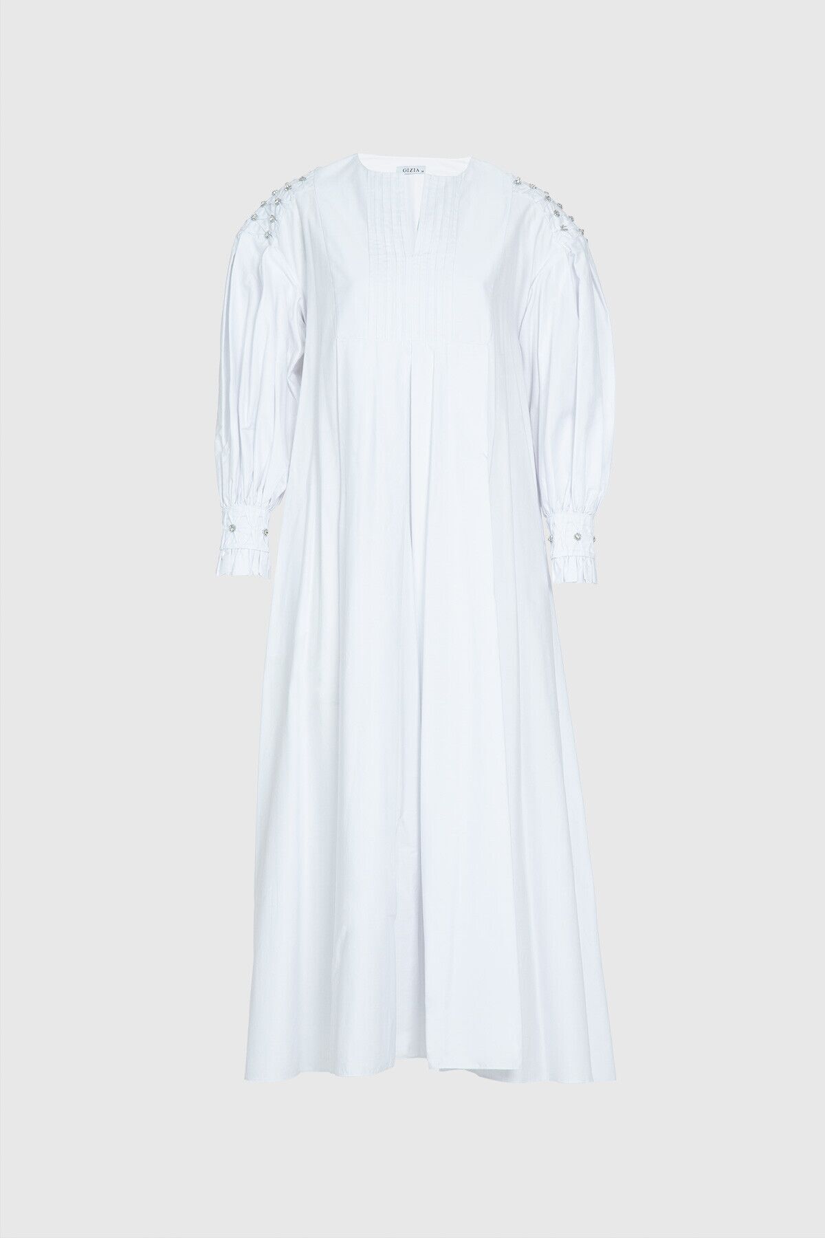 GIZIA İşleme Ve Balon Kol Detaylı Uzun Poplin Beyaz Elbise