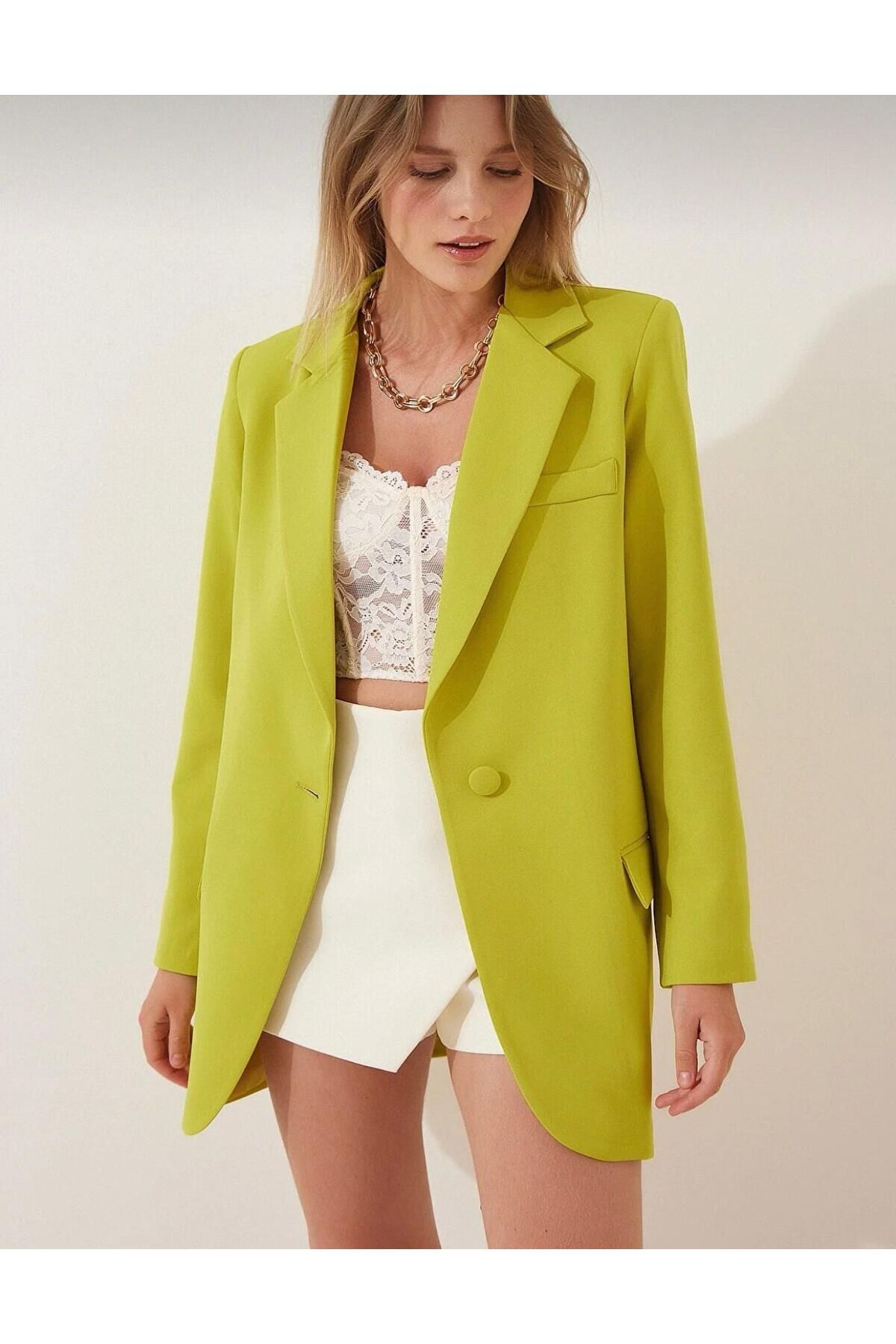 Pienk Yeşil Oversize Uzun Blazer Kadın Ceket