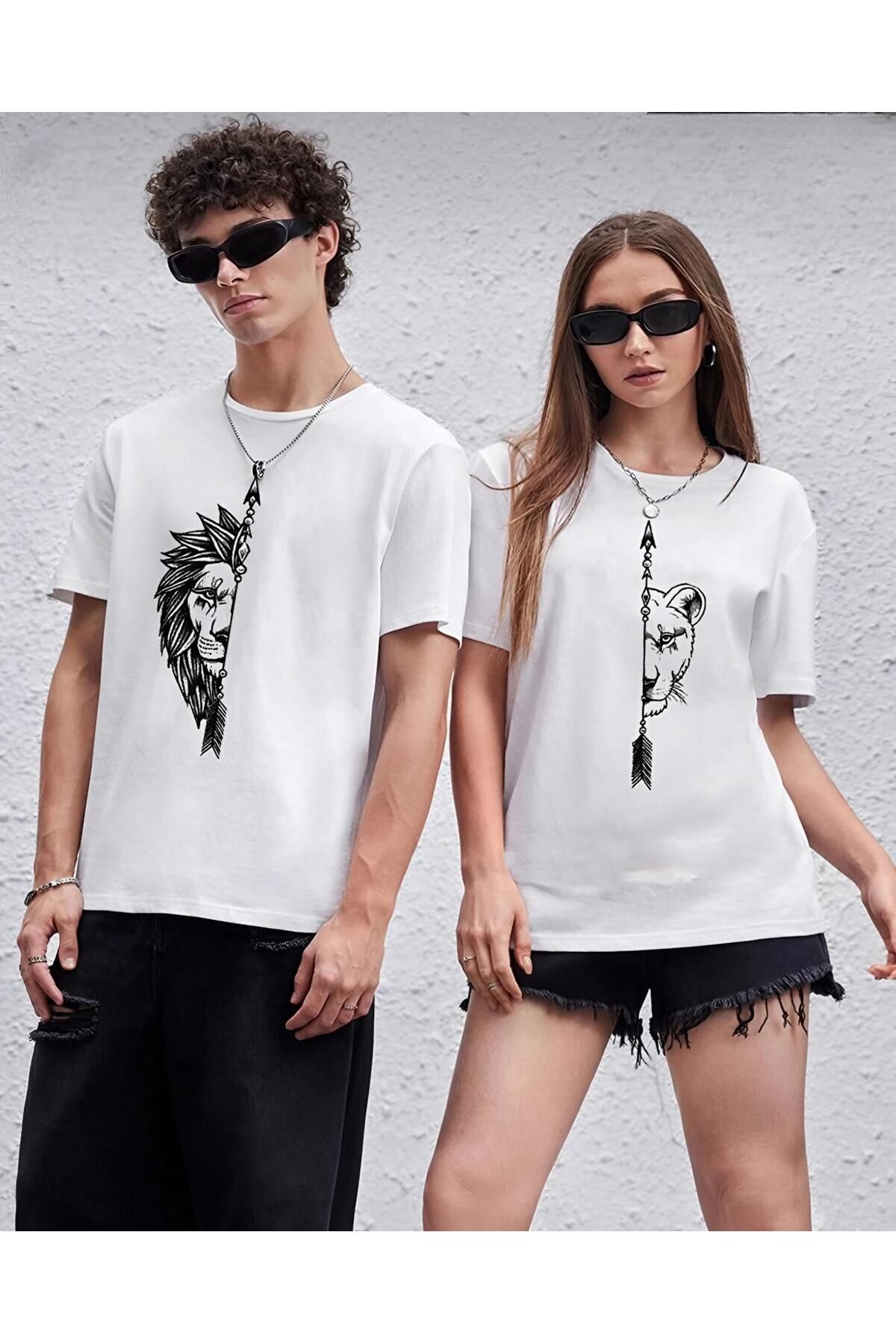 NewCabin Yeni Sezon Oversize Pamuklu A Kalite Sevgili Çift Kombinleri Aslan kaplan Tasarım 2 Li Ürün T-shirt