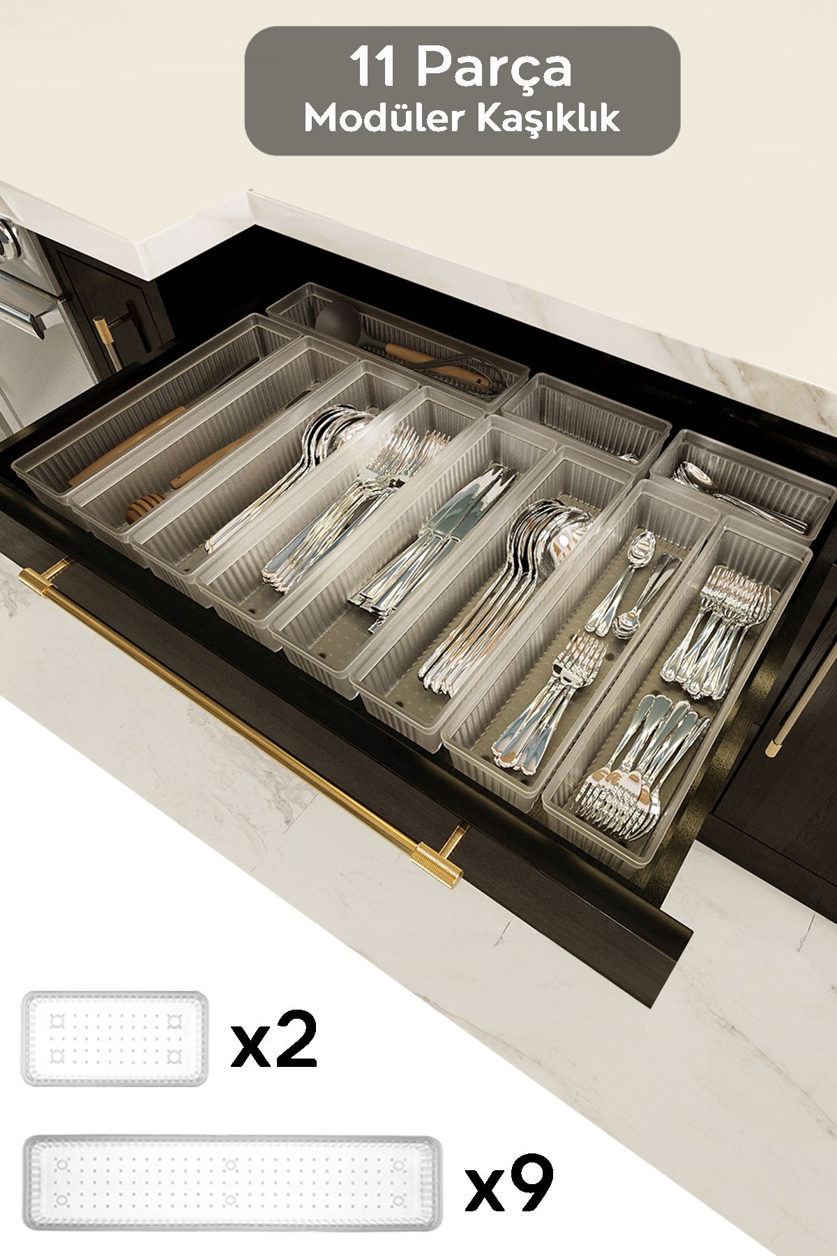 Meleni Home 11'li Modüler Set Kaşıklık Çekmece Içi Düzenleyici Çatal Kaşık Bıçak Düzenleme Organizeri Şeffaf
