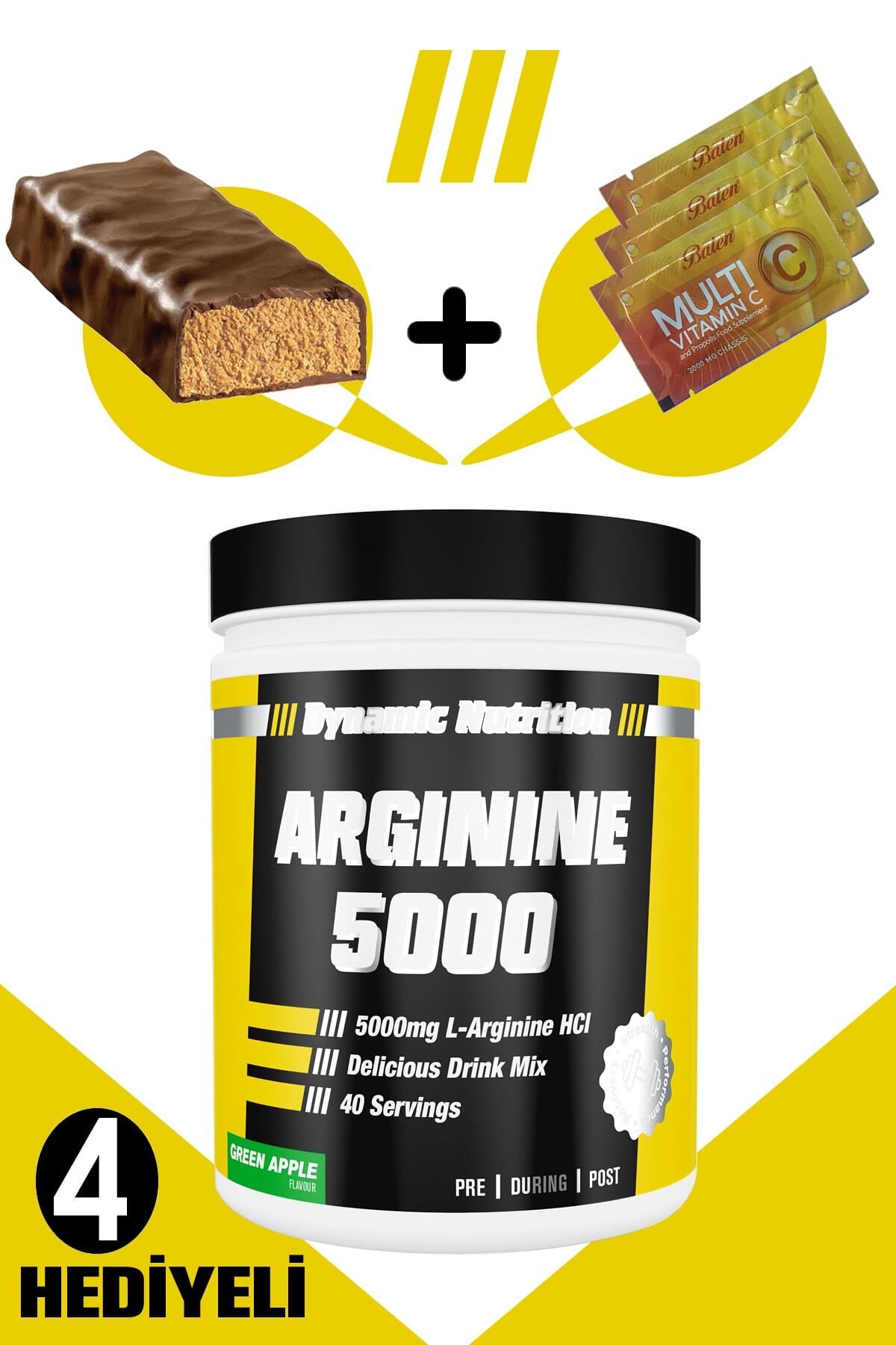Dynamic Nutrition Dynamic Arginine 5000 320g - 40 Servis (yeşil Elma) + 4 Hediyeli (protein Bar + 3 Adet Multi C Saşe)
