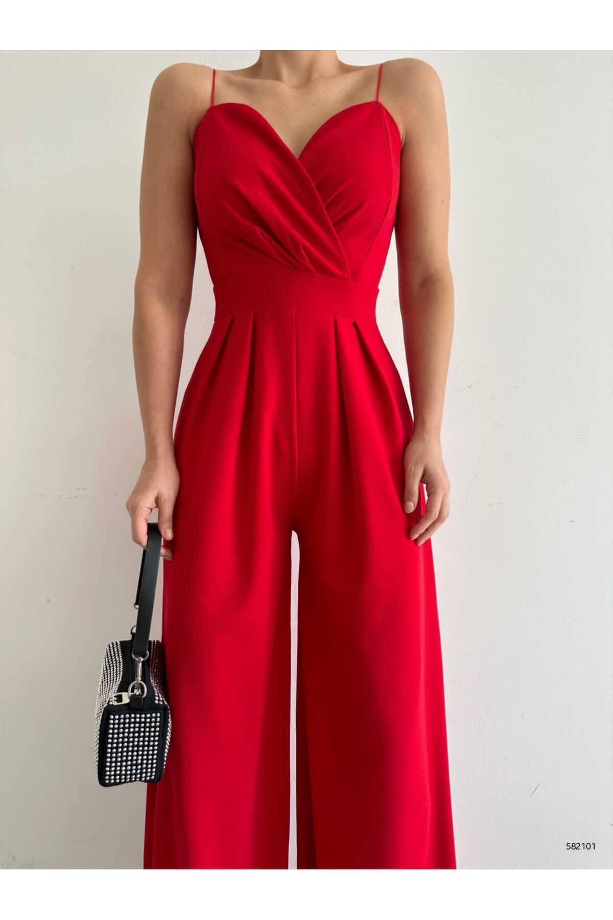 rengastyle Kadın Kırmızı Ithal Krep Kumaş Askılı Geniş Paça Tulum Elbise