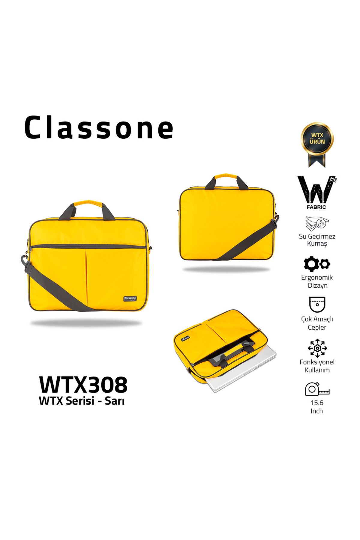 Classone Wtx308 Wtxpro serisi 15.6 Inch Uyumlu Su Geçirmez Kumaş Macbook, Laptop , Notebook El Çantası