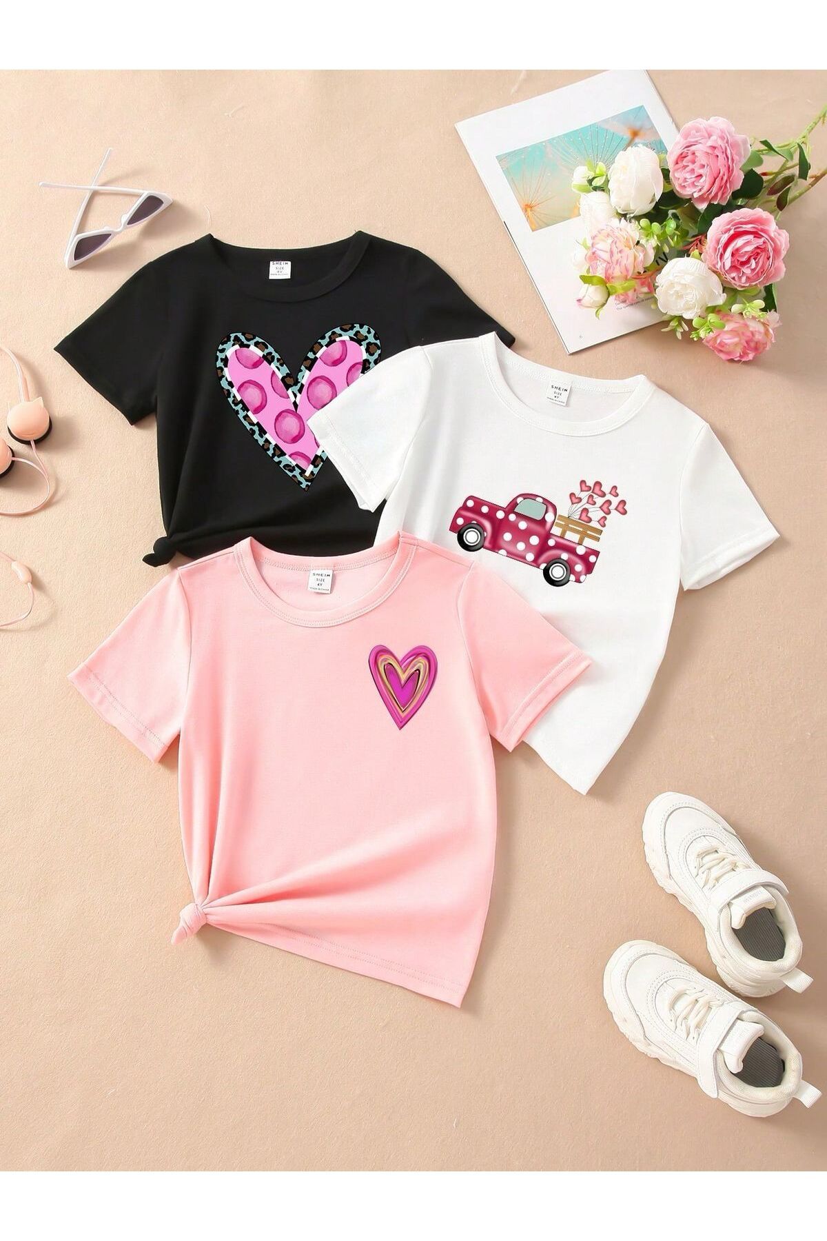 MORNİNG KİDS KIz Çocuk Kalpler ve Kalpli Araba Baskılı Siyah-Beyaz-Pembe 3'lü Paket Tişört