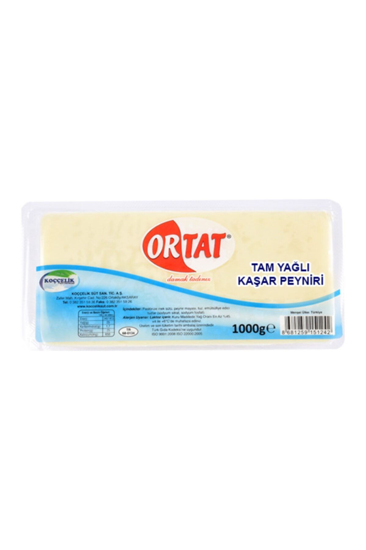 Kınalıkuzu Ortat Tam Yağlı Kaşar Peyniri 1000gr